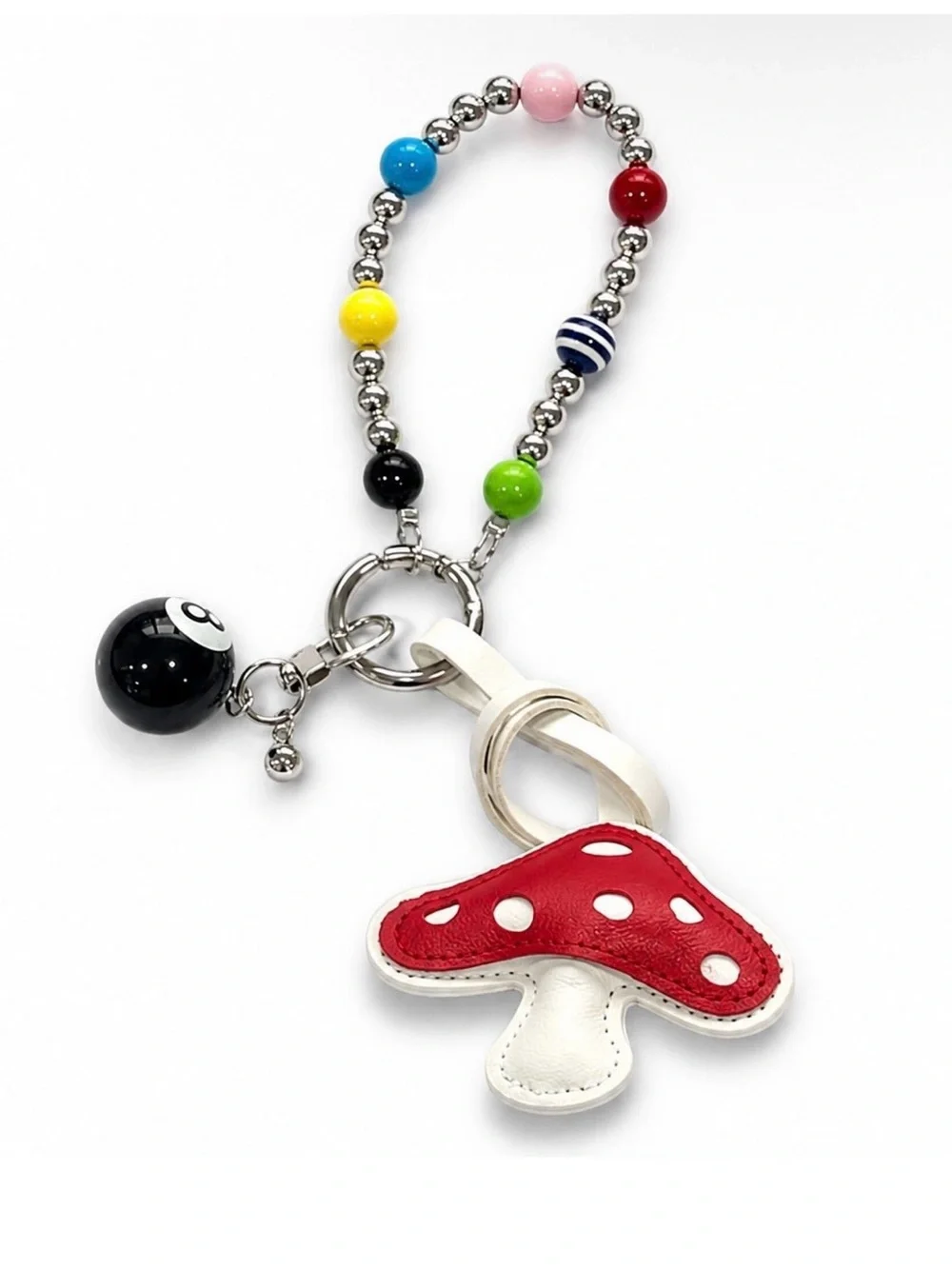 Red Mushroom Keychain Bag Charm with Colorful Beads and Magic 8 ball